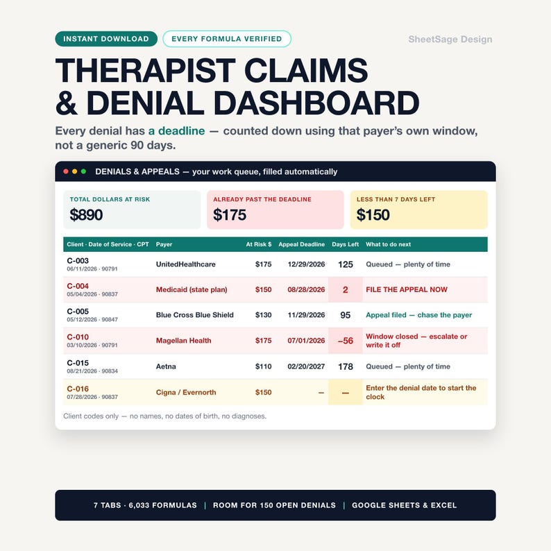 Therapist Insurance Claim Denial Tracker Spreadsheet, Private Practice A/R Aging & Appeal Deadline Dashboard, Google Sheets Excel Template image 1