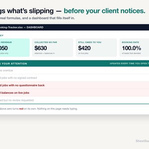 Puede incluir: Un panel de control digital titulado Booking-Tracker.xlsx que muestra m&eacute;tricas financieras, incluyendo 1.050 $ en ingresos reservados, 630 $ recaudados y una tasa de reserva del 100 %. La interfaz resalta las tareas pendientes en rojo, se&ntilde;alando un cuestionario pendiente y un saldo impagado.