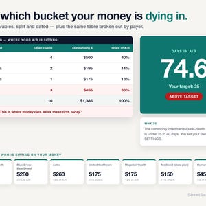 Therapist Insurance Claim Denial Tracker Spreadsheet, Private Practice A/R Aging & Appeal Deadline Dashboard, Google Sheets Excel Template image 3