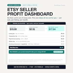 Etsy Seller Fee Calculator & Profit Dashboard 2026, Bookkeeping Spreadsheet for Etsy Shop, Google Sheets Excel Sales Tracker, Pricing Tool image 1