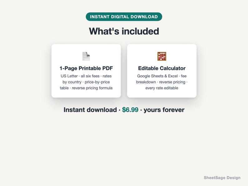 Etsy Fees Cheat Sheet 2026 Printable PDF, Etsy Seller Fee Calculator Spreadsheet, One Page Pricing Guide for Google Sheets and Excel image 4
