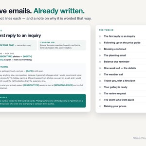 Puede incluir: Un documento digital titulado Twelve emails. Already written. que presenta una lista de doce guiones de correo electr&oacute;nico para fot&oacute;grafos. El dise&ntilde;o incluye una plantilla detallada para una primera respuesta a una consulta, opciones de asunto y una explicaci&oacute;n.