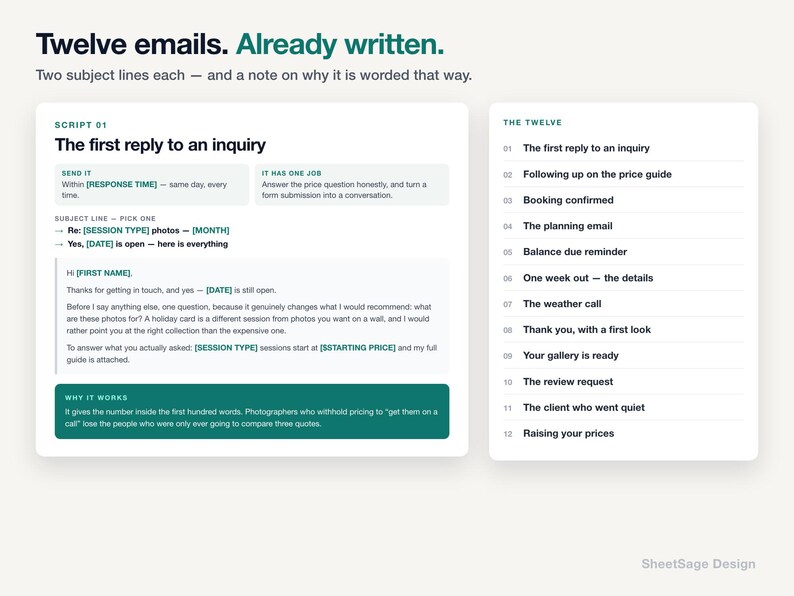 Puede incluir: Un documento digital titulado Twelve emails. Already written. que presenta una lista de doce guiones de correo electr&oacute;nico para fot&oacute;grafos. El dise&ntilde;o incluye una plantilla detallada para una primera respuesta a una consulta, opciones de asunto y una explicaci&oacute;n.