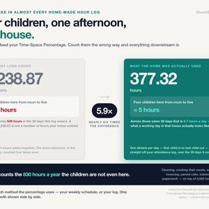 May include: An infographic titled The Mistake in Almost Every Home-Made Hour Log. It compares two calculation methods for child-hours, showing 2,238.87 child-hours versus 377.32 actual hours, with a 5.9x difference highlighted between the two data sets.