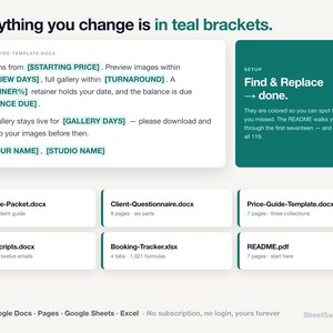 Puede incluir: Una interfaz de plantilla digital con cuadros de texto blancos y corchetes de color verde azulado para personalizar. El dise&ntilde;o incluye una plantilla de gu&iacute;a de precios, un cuadro de instrucciones de configuraci&oacute;n y seis iconos de archivo etiquetados como Welcome-Packet, Client-Questionnaire, Price-Guide-Template, Email-Scripts, Booking-Tracker y README.