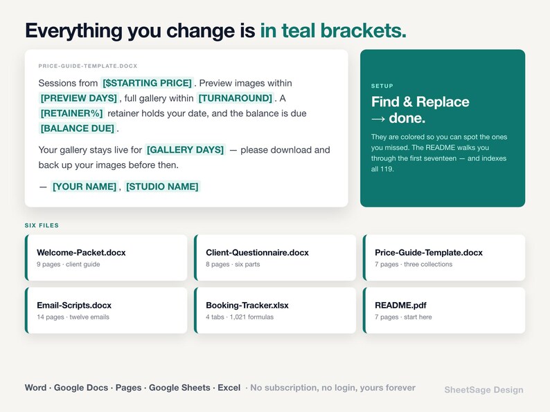 Puede incluir: Una interfaz de plantilla digital con cuadros de texto blancos y corchetes de color verde azulado para personalizar. El dise&ntilde;o incluye una plantilla de gu&iacute;a de precios, un cuadro de instrucciones de configuraci&oacute;n y seis iconos de archivo etiquetados como Welcome-Packet, Client-Questionnaire, Price-Guide-Template, Email-Scripts, Booking-Tracker y README.