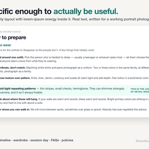 Puede incluir: Un documento digital titulado Welcome-Packet.docx que presenta una gu&iacute;a sobre c&oacute;mo prepararse para una sesi&oacute;n de retratos. El texto incluye secciones sobre qu&eacute; ponerse, c&oacute;mo coordinar atuendos, texturas, patrones y elecci&oacute;n de calzado.