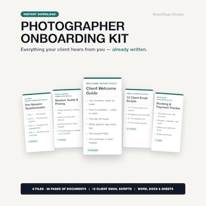 Puede incluir: Un kit de incorporaci&oacute;n para fot&oacute;grafos con cinco tarjetas de documentos blancas y texto oscuro. Los t&iacute;tulos incluyen Pre-Session Questionnaire, Session Guide & Pricing, Client Welcome Guide, 12 Client Email Scripts y Booking & Payment Tracker.