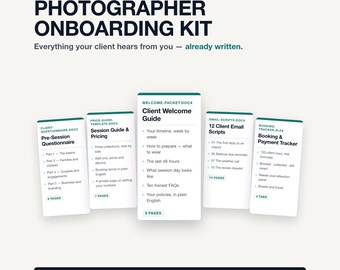 Photographer Client Onboarding Kit, Photography Welcome Packet Template, Client Questionnaire, Price Guide, Email Scripts, Booking Tracker