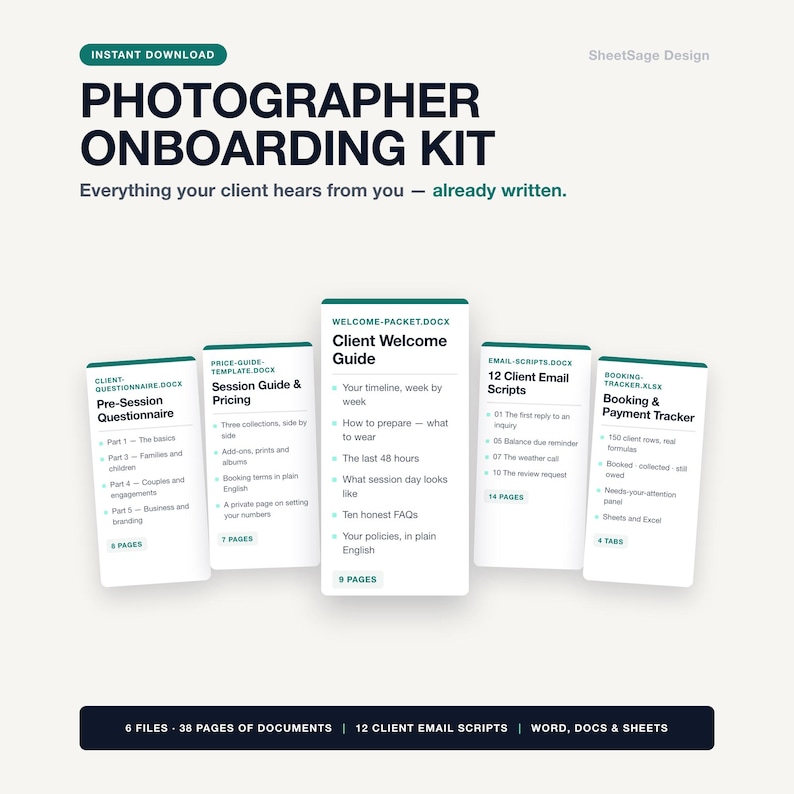 Puede incluir: Un kit de incorporaci&oacute;n para fot&oacute;grafos con cinco tarjetas de documentos blancas y texto oscuro. Los t&iacute;tulos incluyen Pre-Session Questionnaire, Session Guide & Pricing, Client Welcome Guide, 12 Client Email Scripts y Booking & Payment Tracker.