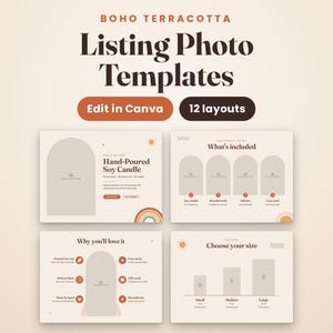 May include: A set of twelve digital listing photo templates for Canva, featuring a boho terracotta color scheme. The layouts include text headers like Boho Terracotta, Listing Photo Templates, Edit in Canva, and 12 layouts, with placeholders for product images and descriptive text.