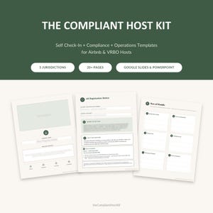 Op de afbeelding: De Compliant Host Kit voor Airbnb- en VRBO-verhuurders bevat sjablonen voor zelf inchecken, compliance en operationele zaken. Het omvat meer dan 20 pagina's, 5 rechtsgebieden en is compatibel met Google Slides en PowerPoint.