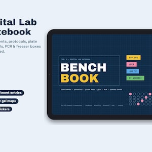 May include: A digital lab notebook displayed on a tablet screen with a dark blue grid background. The text reads Digital Lab Notebook, Bench Book, and includes labels for experiments, protocols, plate maps, gels, PCR, and freezer boxes.