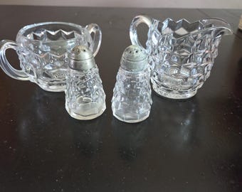 Vintage Fostoria American Clear Glass Creamer, Sugar Bowl and Salt/Pepper Shakers