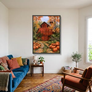 Rustikale rote Scheune auf Leinwand, Herbstliches Kürbisfeld-Wandbild, Herbstlandschaft auf Leinwand, Landhausdeko, Saisonale Ernteszene auf Leinwand