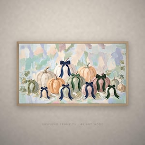 Fall Pumpkin Velvet Bows Frame TV Art, Impasto Pastel Oil Painting, Textured Coquette Autumn Pumpkins Samsung Frame TV, Thanksgiving Decor