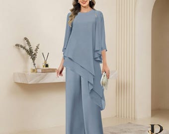 Completo pantalone in chiffon da donna, composto da top a mantella a strati e pantaloni a gamba larga, elegante abito da invitata a un matrimonio, completo pantalone per la madre della sposa.