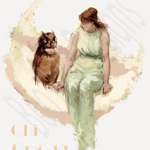 Peut inclure: Une illustration numérique représentant une silhouette vêtue d'une robe sans manches vert clair assise sur un grand croissant de lune texturé aux côtés d'un hibou brun. Le texte Chi Omega est imprimé en or clair en bas à gauche de l'image.