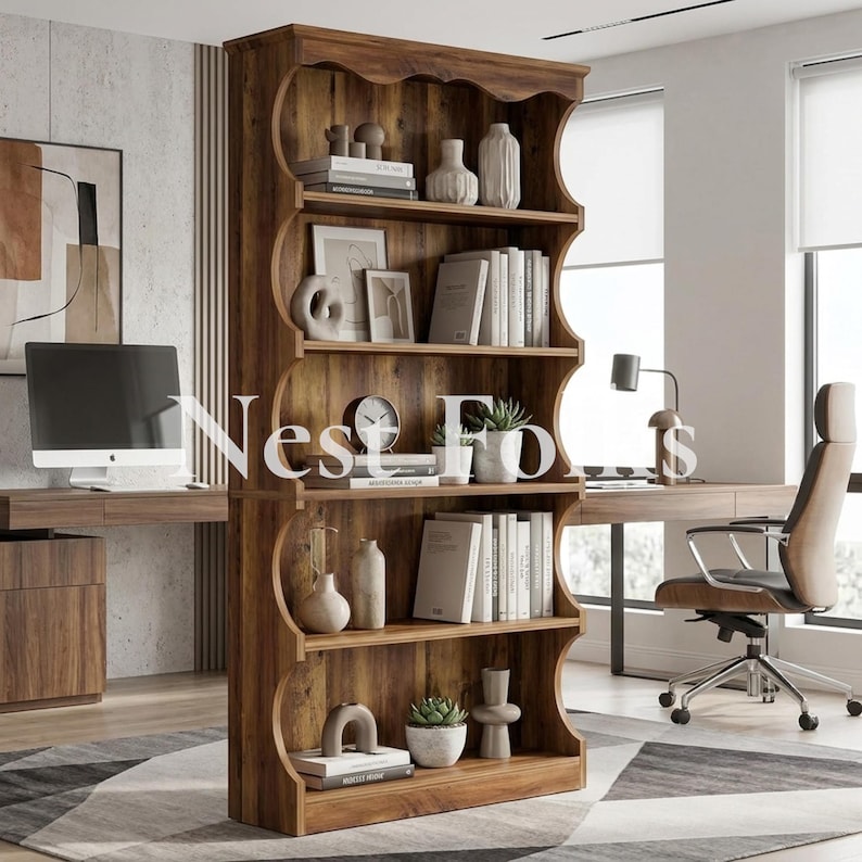 70 Inch Tall Bookcase, 5 Tier Open Bookshelf With Curved Edge Design ...