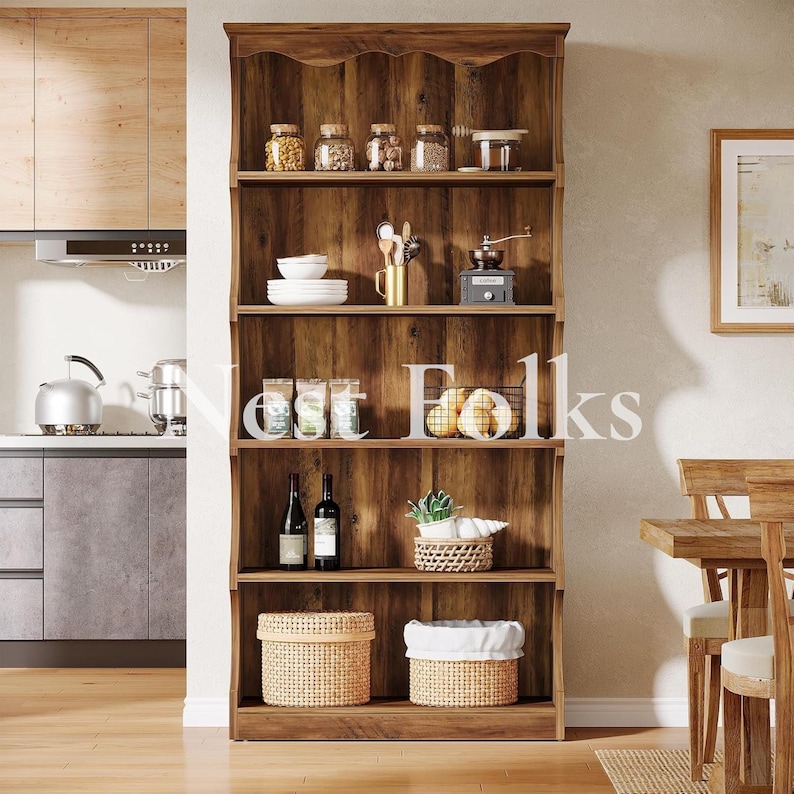 70 Inch Tall Bookcase, 5 Tier Open Bookshelf With Curved Edge Design ...