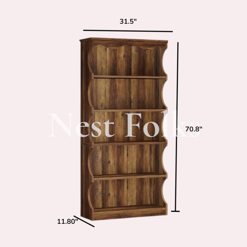 70 Inch Tall Bookcase, 5 Tier Open Bookshelf With Curved Edge Design ...