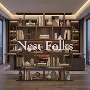 May include: A large, dark brown wooden bookshelf with multiple rectangular compartments filled with various books, ceramic vases, abstract sculptures, and decorative objects. The text Nest Folks is overlaid in white in the center.