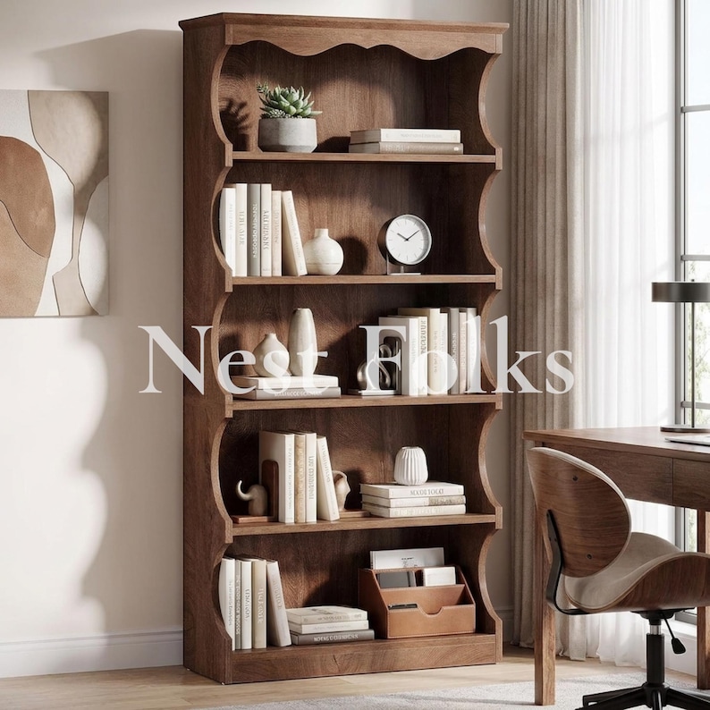 70 Inch Tall Bookcase, 5 Tier Open Bookshelf With Curved Edge Design ...