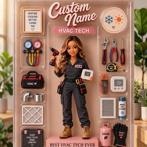 Könnte beinhalten: Eine Puppe in einem grauen Overall mit Werkzeuggürtel, die einen Bohrer und ein Thermostat hält, verpackt in einer Box mit Zubehör wie Manometer, Werkzeugtasche, Schraubenschlüssel, Zange, Schraubendreher, Maßband, Reiniger und R410A-Tank.
