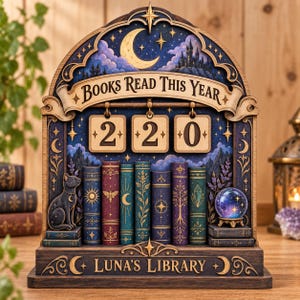 Könnte beinhalten: Ein hölzernes, bogenförmiges Display mit der Aufschrift "Books Read This Year" und "Luna's Library", verziert mit Mondsichel, Sternen und Burg. Es enthält drei hängende Nummernschilder mit der Zahl 220, eine Katzenfigur, sieben Buchrücken und eine Kristallkugel.