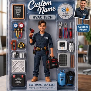 May include: A custom action figure of an HVAC technician in a navy blue uniform, packaged in a clear display box with miniature tools, a thermostat, a refrigerant tank, and accessories. The packaging features text including Custom Name, HVAC TECH, and BEST HVAC TECH EVER.