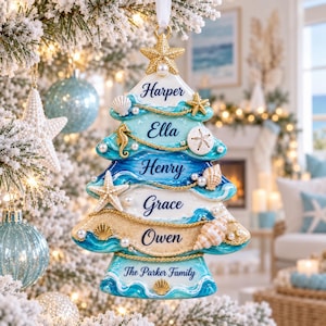 Personalized Family Christmas Ornament, 3D Coastal Beach Tree Ornament, Custom Names Seashell Starfish Decor, Ocean Lover Gift