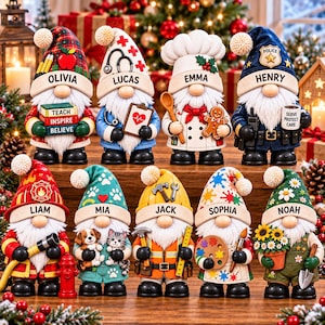 Personalized Christmas Gnome Figurines Wooden Gift, Unique Profession Gnomes, Holiday Decor Gift, Teacher Nurse Police Chef Gnome Art
