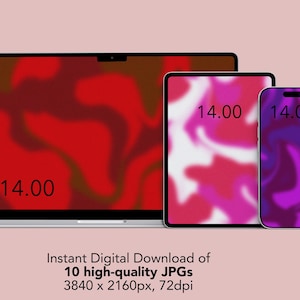Puede incluir: Un portátil, una tableta y un smartphone con patrones líquidos abstractos en rojo, rosa y morado. Las pantallas muestran el texto 14.00. Debajo de los dispositivos, el texto dice: Instant Digital Download of 10 high-quality JPGs 3840 x 2160px, 72dpi.