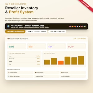 Reseller Inventory & Profit System | Supplier, Sales and Platform Fee Tracker Excel Template (7 Languages)