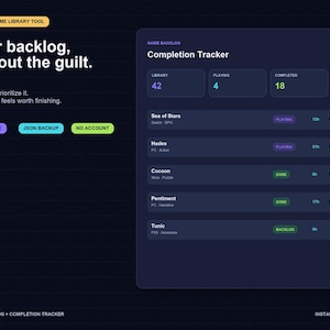 May include: A dark-themed digital interface titled Offline Game Library Tool. It features a Completion Tracker with stats for library, playing, and completed games. The list includes titles like Sea of Stars, Hades, Cocoon, Pentiment, and Tunic with status tags, hours played, and ratings. Buttons include Local Save, JSON Backup, and No Account.