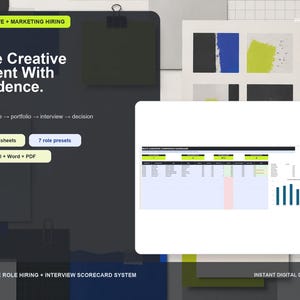 May include: A digital hiring system template featuring the text Hire Creative Talent With Evidence, 14 worksheets, 7 role presets, and Excel, Word, and PDF formats. A multi-candidate comparison dashboard with a bar chart is displayed on a dark background.