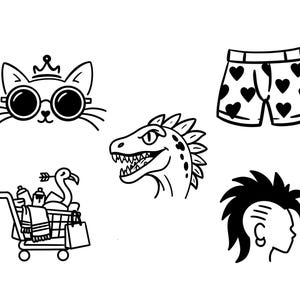 May include: A collection of five black and white line art illustrations featuring a cat wearing a crown and sunglasses, heart-patterned boxer shorts, a shopping cart with a flamingo, a dinosaur head, and a person with a mohawk hairstyle.