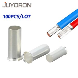 May include: A set of silver-colored metal wire ferrules, labeled JUYORON 100PCS/LOT. The image displays three cylindrical ferrules in various orientations, alongside two electrical wires with blue and red insulation and crimped metal ends.