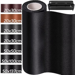 May include: A roll of black faux leather material with a textured surface. The image displays various size options including 20x30cm, 50x50cm, 50x100cm, and 50x137cm, alongside colour swatches in dark brown, tan, and black, with a black sofa graphic.