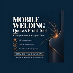 May include: A dark blue digital graphic for a Mobile Welding Quote & Profit Tool. It features white text, icons for job cost estimates, target pricing, and printable quotes, plus a graphic of orange welding sparks on a metallic edge.