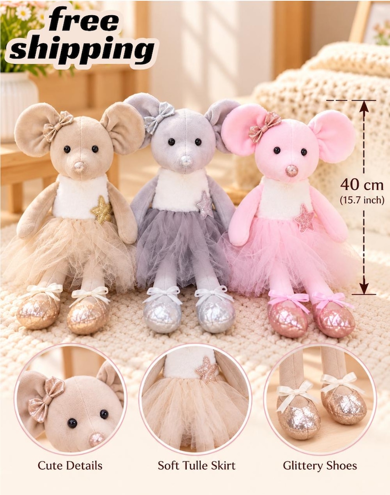 Ballerina Mouse Plush Toy, Stuffed Mouse Doll, Ballet Dancer Gift, 15cm ...