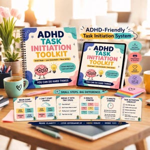 May include: An ADHD Task Initiation Toolkit featuring a spiral-bound workbook and a tablet display, both showing a brain character and lightbulb graphic. Includes six instructional cards with checklists, a 2-minute starter, and a 5-minute starter.