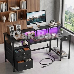Gaming Desk with LED Lights and Power Outlet, Computer Desk with Monitor Stand and 4 Drawers, Fabric File Cabinet, Home Office Gamer Table