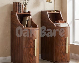 Narrow Nightstand Set of 2, Slim Cylinder Bedside Table with 2 Drawers and Cable Management | Mid Century Modern Wooden End Table