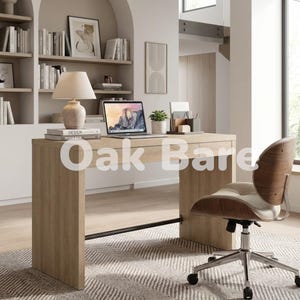 May include: A light oak wood desk with a rectangular top and two drawers, featuring a horizontal black metal support bar between the side panels. The desk is positioned in a room with a swivel chair that has a curved wood back and white seat.
