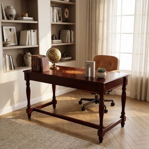May include: A dark wood desk with turned legs and a central oval inlay on the surface. The desk features a row of books, a globe on a stand, a white arch-shaped sculpture, and a small potted succulent. A brown leather office chair is tucked underneath.