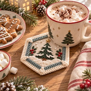 Puede incluir: Un posavasos hexagonal de ganchillo con un árbol de Navidad bordado con nieve, bayas rojas y una estrella dorada. El posavasos tiene un borde color crema con un ribete azul grisáceo, situado junto a una taza de chocolate caliente.