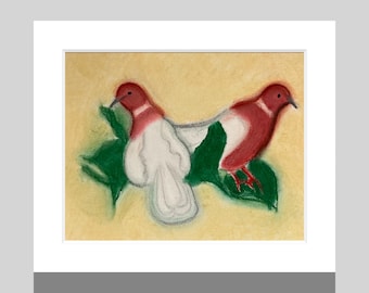 Original Doves Pastel Drawing, White Mat Framed Wall Art (8x10)