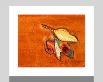 Original Leaves Pastel Drawing, White Mat Framed Wall Art (8x10)
