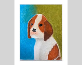 Original Pastel Cavalier King Charles Portrait, White Mat Framed Dog Art (8x10)